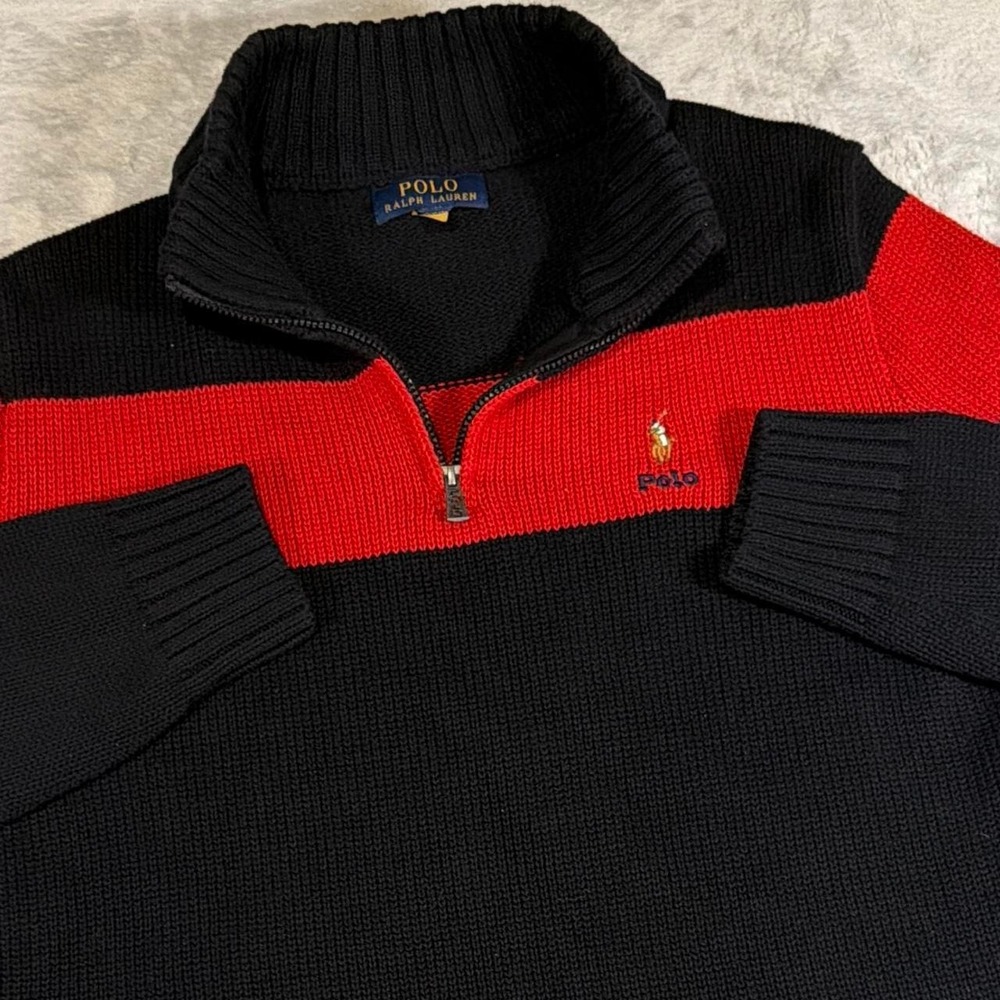 Polo Ralph Lauren Knit Quarter Zip Sweater | Black & Red | XL (See measurements)